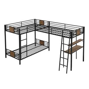 Metal L-Shape Triple Bunk Bed, Twin Over Twin Bunk Bed Attached a Loft Bed with Desk and Shelf