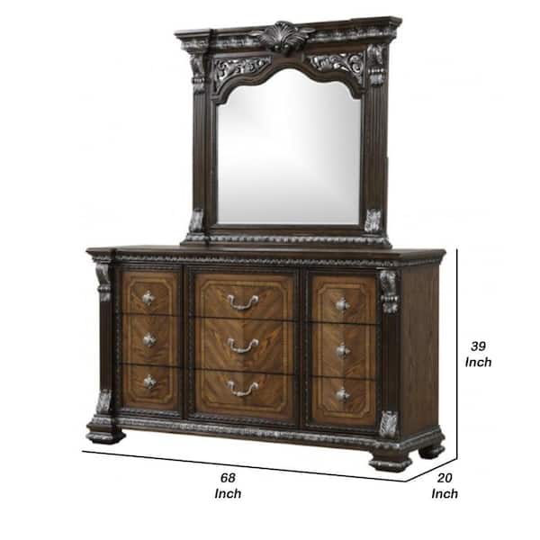 Benjara Naddy Espresso Brown and Silver 9 Drawer 68 in. Dresser