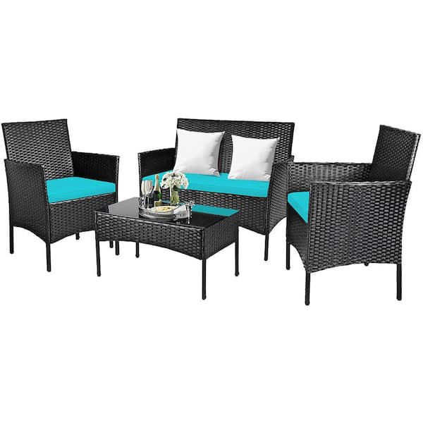 4-Piece Wicker Patio Conversation Set with Blue Cushions