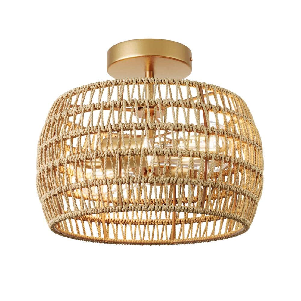 aiwen Boho Farmhouse 12.59 in. 2-Light Rattan Hand-Woven