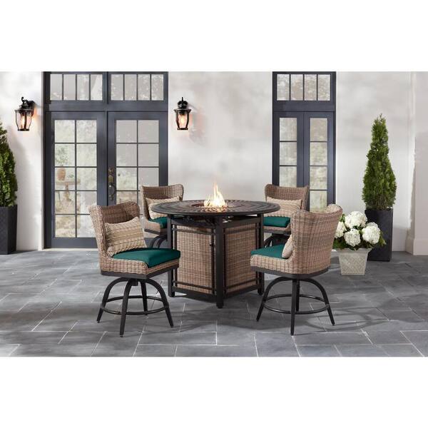 Home Decorators Collection Hazelhurst 5-Piece Brown Wicker Outdoor High Dining  Fire Pit Seating Set with CushionGuard Malachite Green Cushions  FM19-HD50-B-GRN - The Home Depot