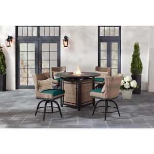 Hazelhurst 5-Piece Brown Wicker Outdoor High Dining Fire Pit Seating Set with CushionGuard Malachite Green Cushions