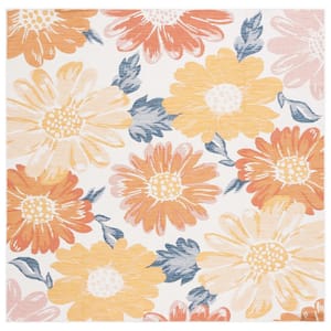 Sunrise Ivory/Rust Gold 7 ft. x 7 ft. Oversized Floral Reversible Indoor/Outdoor Square Area Rug