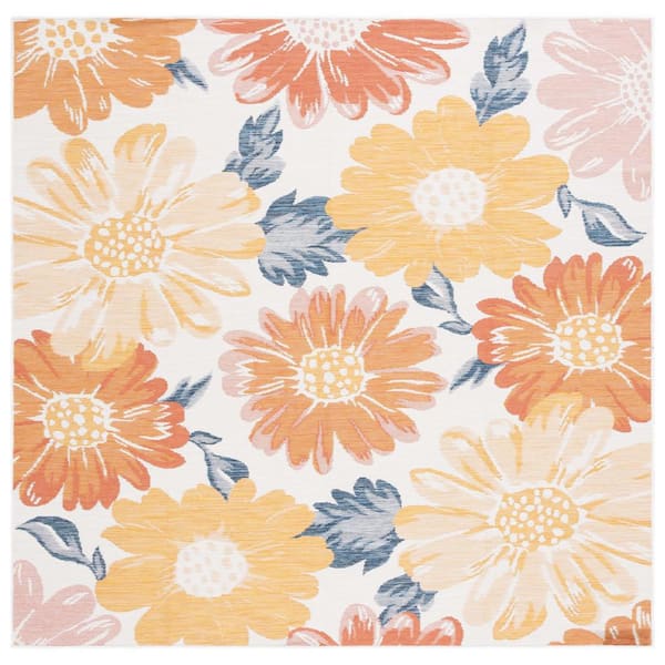 SAFAVIEH Sunrise Ivory/Rust Gold 7 ft. x 7 ft. Oversized Floral Reversible Indoor/Outdoor Square Area Rug