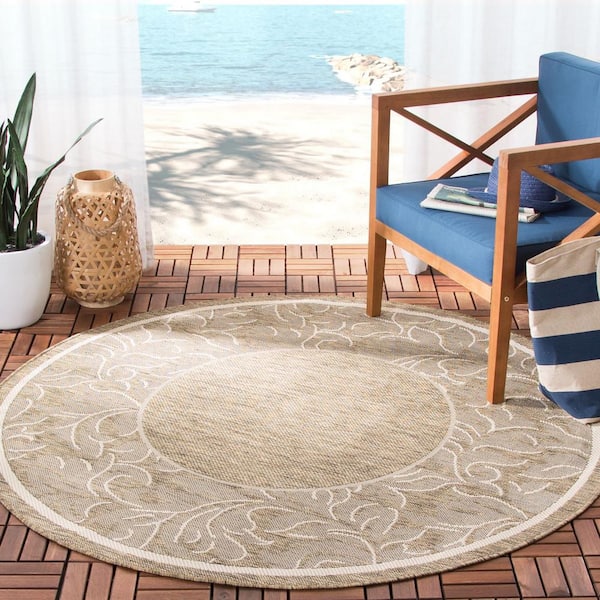 Courtyard Brown/Natural 5 ft. x 5 ft. Round Border Indoor/Outdoor Patio  Area Rug