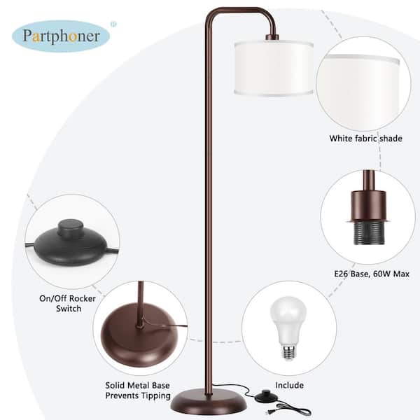 64.1in Brown Paint Modern Standing Lamp, 1 Bulb 3 Color Temp Arc Floor Lamp for Living Room with Fabric Shade Footswitch