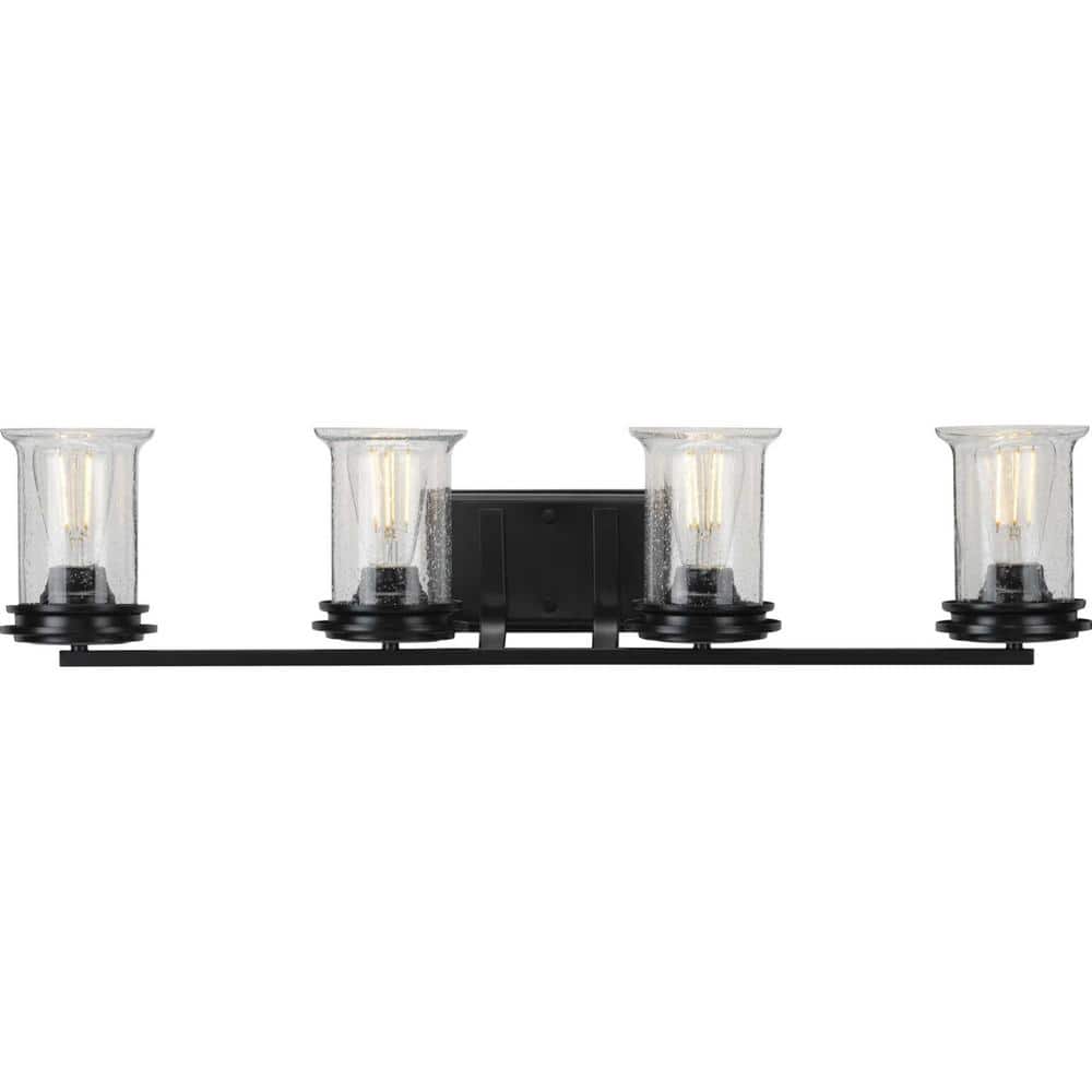 Winslett Matte Black 4-Light Bath Vanity with Seeded Glass