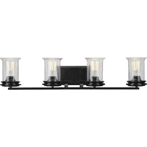 Winslett Collection 4-Light Matte Black Clear Seeded Glass Coastal Bath Vanity Light