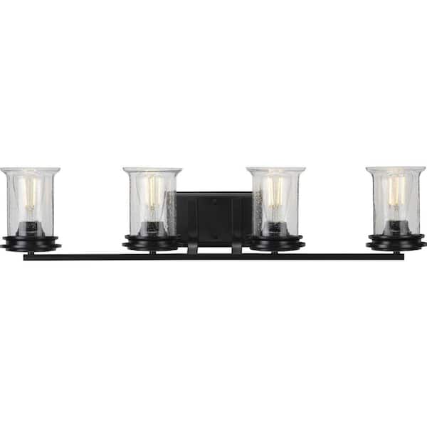 Progress Lighting Winslett Collection 4-Light Matte Black Clear Seeded Glass Coastal Bath Vanity Light