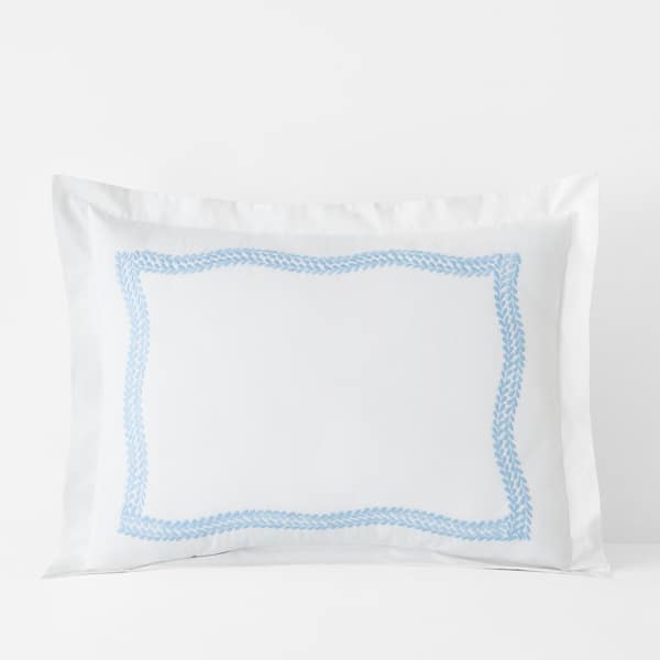 The Company Store Legends Hotel Embroidered Leaf White/Blue Floral Egyptian Cotton Standard Sham