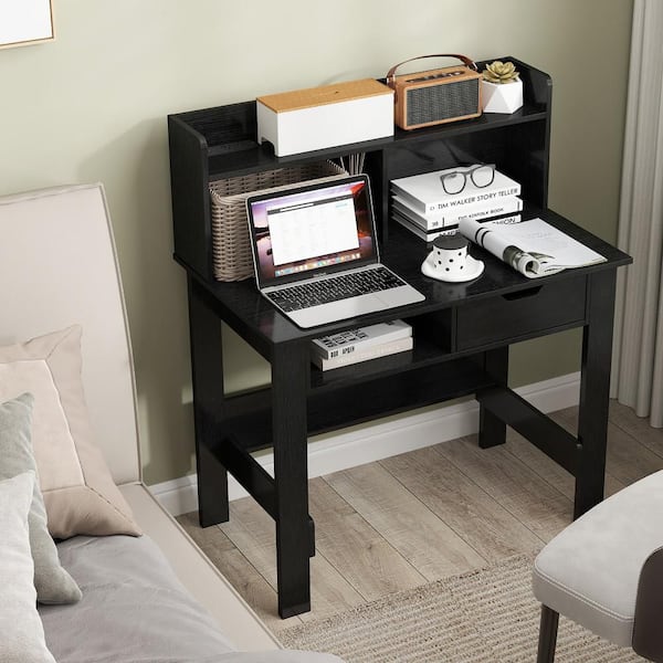 37.5 in. Black Computer Desk with Power Outlets and USB Ports and Type-C Hutch Open Shelf Drawer