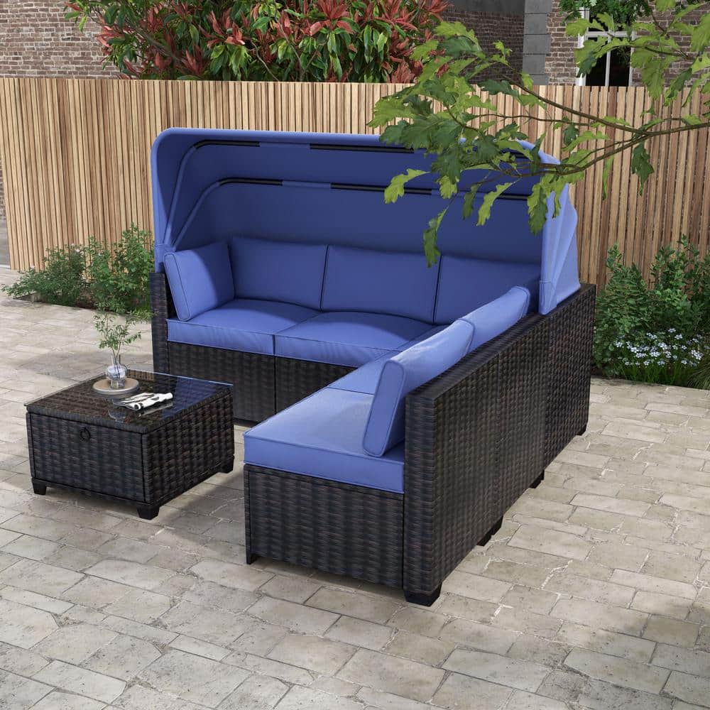 6-Piece Black Brown Wicker Outdoor Sectional Sofa with Blue Cushions, Canop