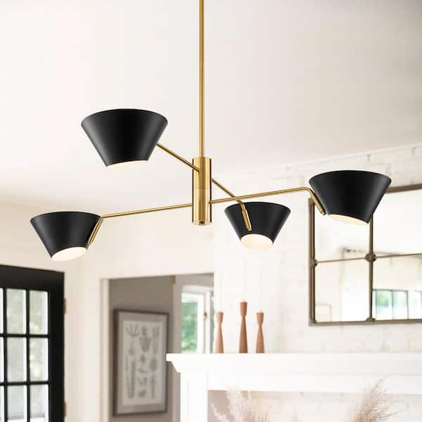 RRTYO Eddy 4-Light Modern Industrial Brushed Brass Linear Sputnik Large Chandelier for Living Room Vintage Cone Pendant Light