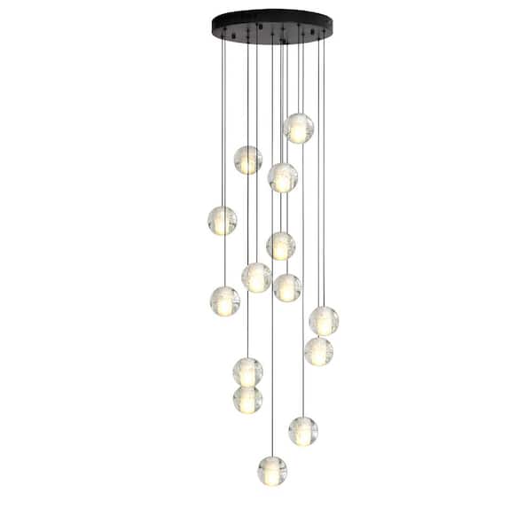 UMEILUCE Raindrop 14-Light Black Base LED Dimmable Chandelier Shade for Stairs Living Room Foyer with Bubbles Crystal, Warm Light