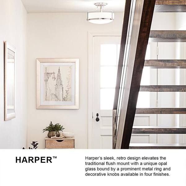 HINKLEY - Hinkley Harper Medium Semi-Flush Mount Ceiling Light, Black + Etched Opal Glass