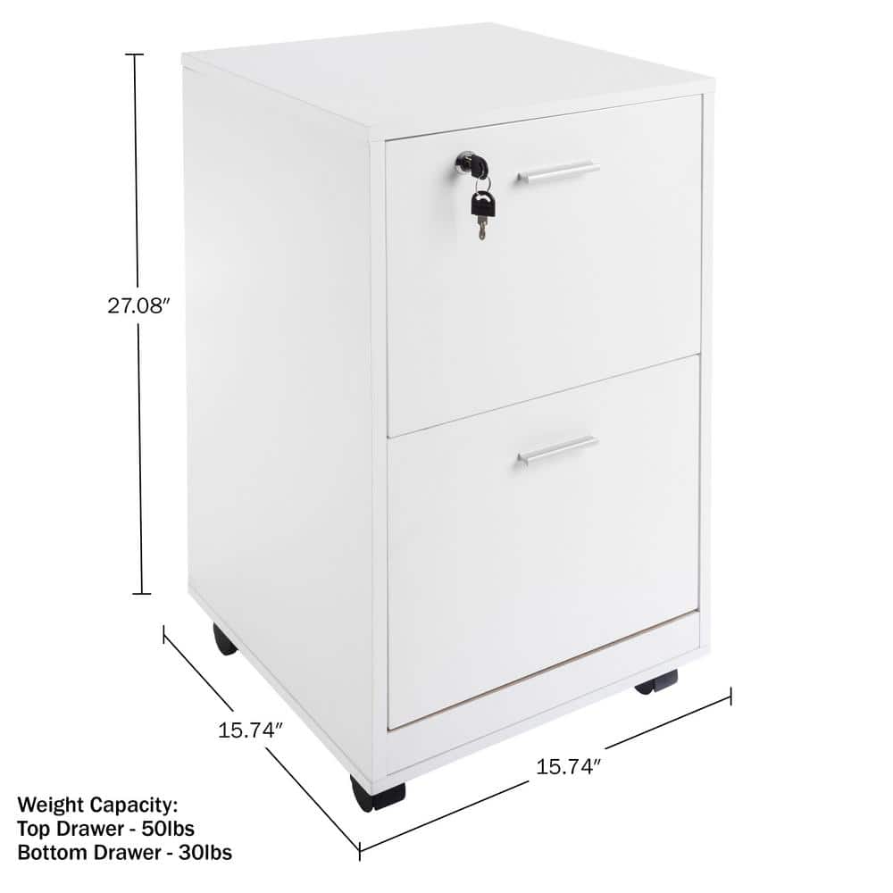 White Mobile 2-Drawer Lockable File Cabinet with Wheels