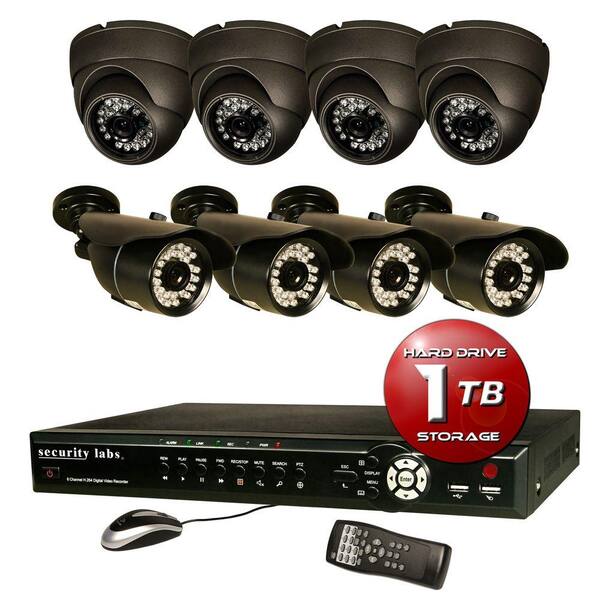 Security Labs 8 CH Surveillance System with H.264 / Smartphone DVR, 1TB HDD with (4) IR Turret Dome and (4) Bullet cameras