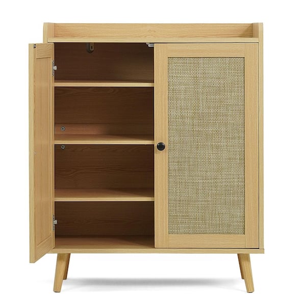 35.6 in. H x 28.3 in. W Natural Oak Shoe Storage Cabinet with Rattan Doors