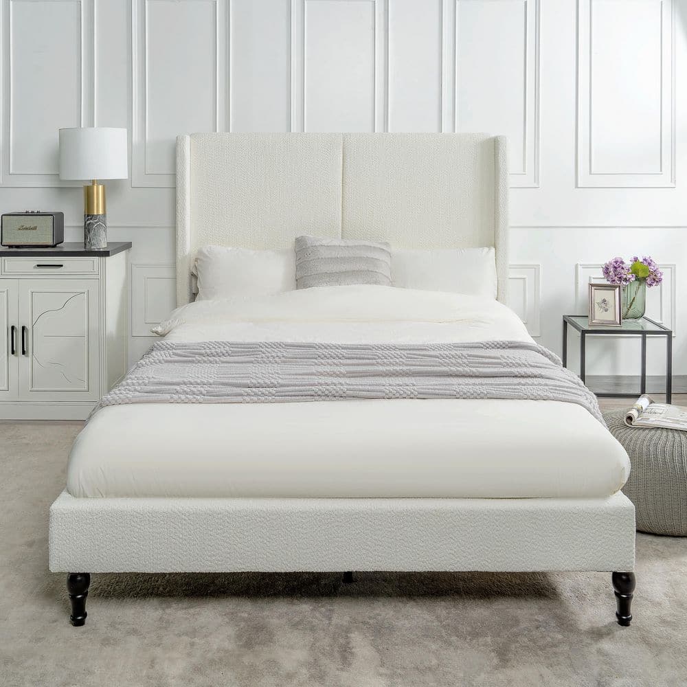 Diane White Metal Frame Queen Size Platform Bed with High Fabric Upholstered Headboard, Solid Wood Legs price history on PriceWatchPro
