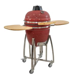 18 in. Ceramic Kamado Egg Charcoal Grill and Smoker in Red with Side Tables