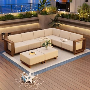 Brown Rattan Wicker 8 Seat 8-Piece Steel Outdoor Patio Conversation Set with Beige Cushions and 2 Ottomans