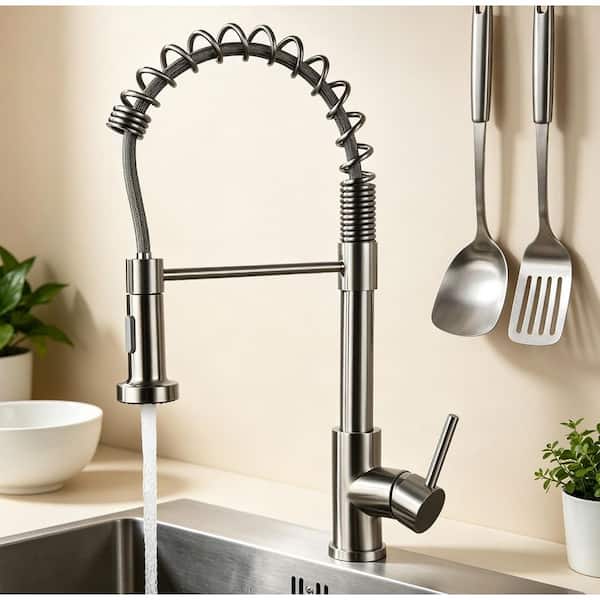 18.89 in. Single Handle 360° Spout Swivel Pull Down Sprayer Kitchen Sink Faucet in Brushed Nickel