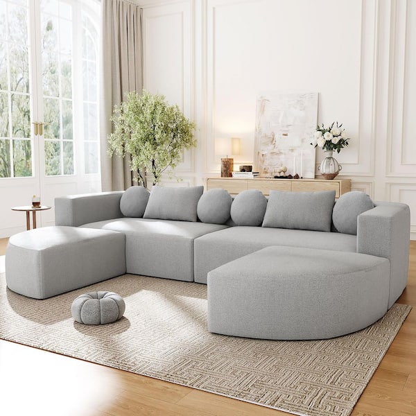 Free-combined 114.9 in. Boucle Fabric Upholstered Modular Sectional Sofa in Gray with Ottomans, Pillows