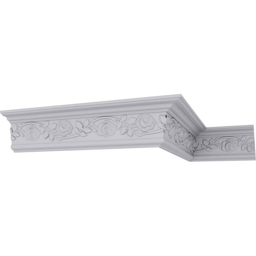 Primed White Polyurethane Rose Crown Moulding Sample, 12" Length
