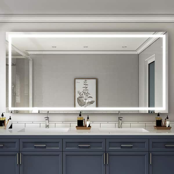 WELLFOR 84 in. W x 42 in. H Rectangular Frameless Dimmable Anti Fog Wall LED Bathroom Vanity Mirror in Aluminum