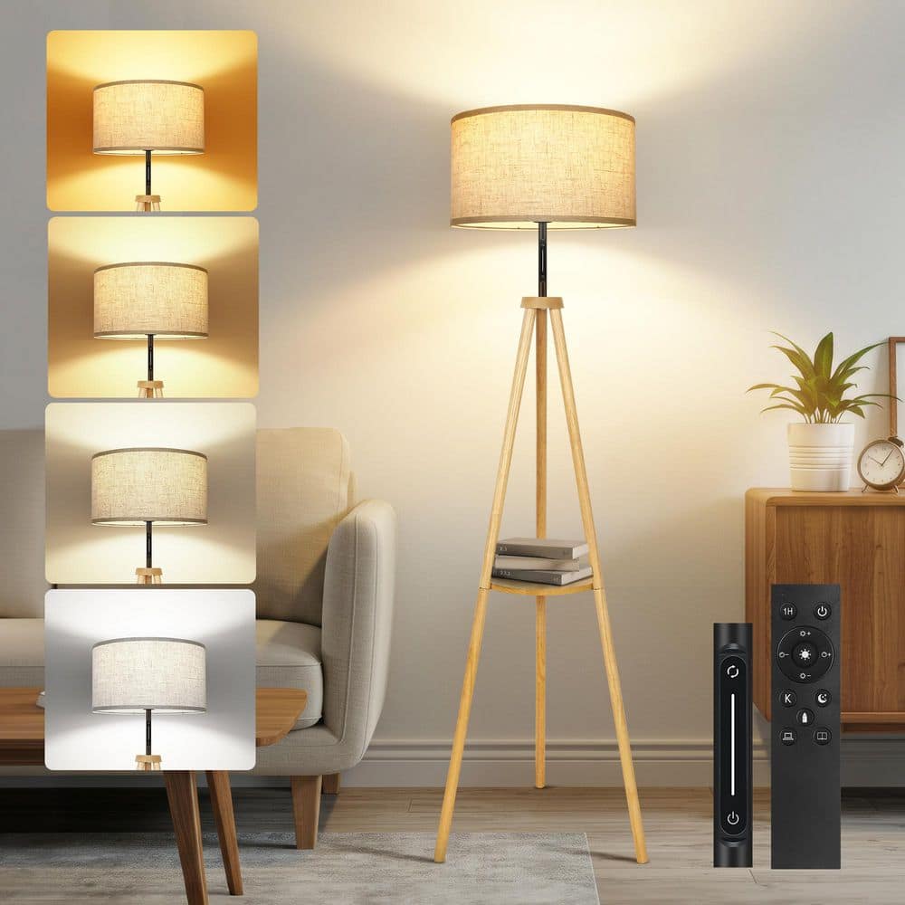 61 in. Indoor Natural Wood Color 1-Light LED Dimmable Tripod Floor Lamp with Fabric Shades price history on PriceWatchPro