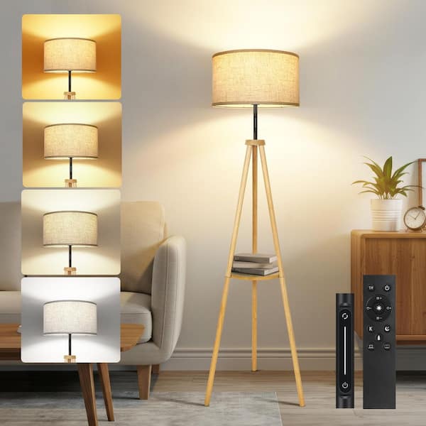 61 in. Indoor Natural Wood Color 1-Light LED Dimmable Tripod Floor Lamp with Fabric Shades