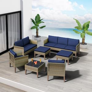 Isla 7-Piece Wicker Patio Conversation Set with Cobalt Blue Cushions