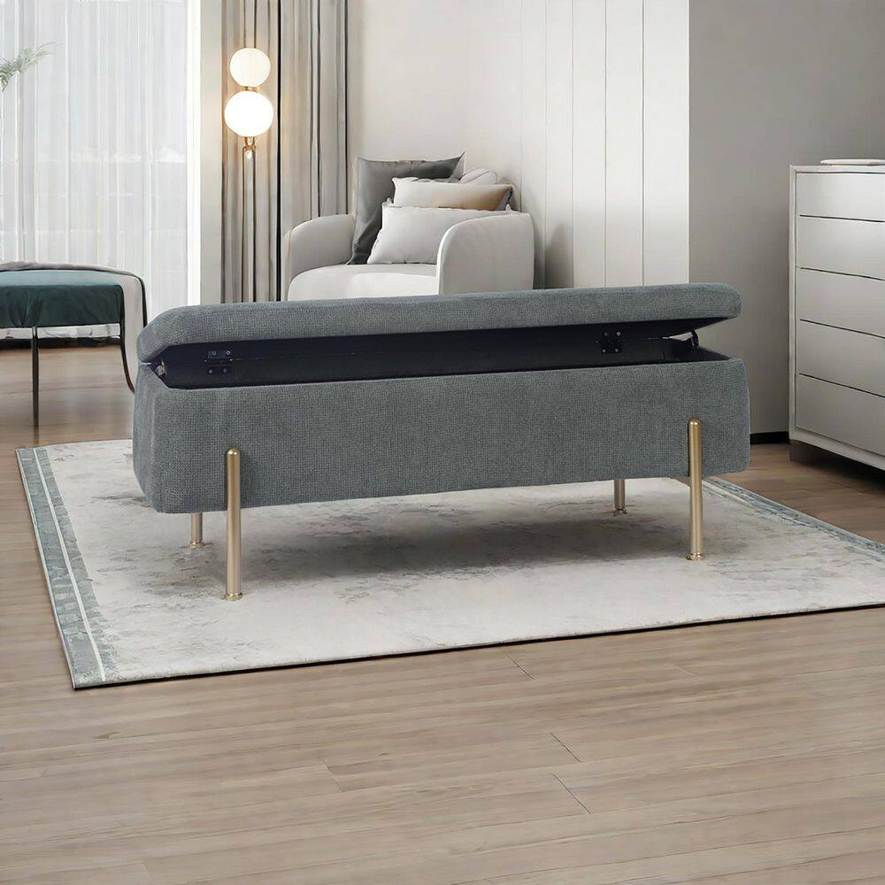 Green Chenille Fabric Upholstered Storage Bedroom Bench Ottoman w/Gold Metal Legs and Padded Seat, Without Back price history on PriceWatchPro