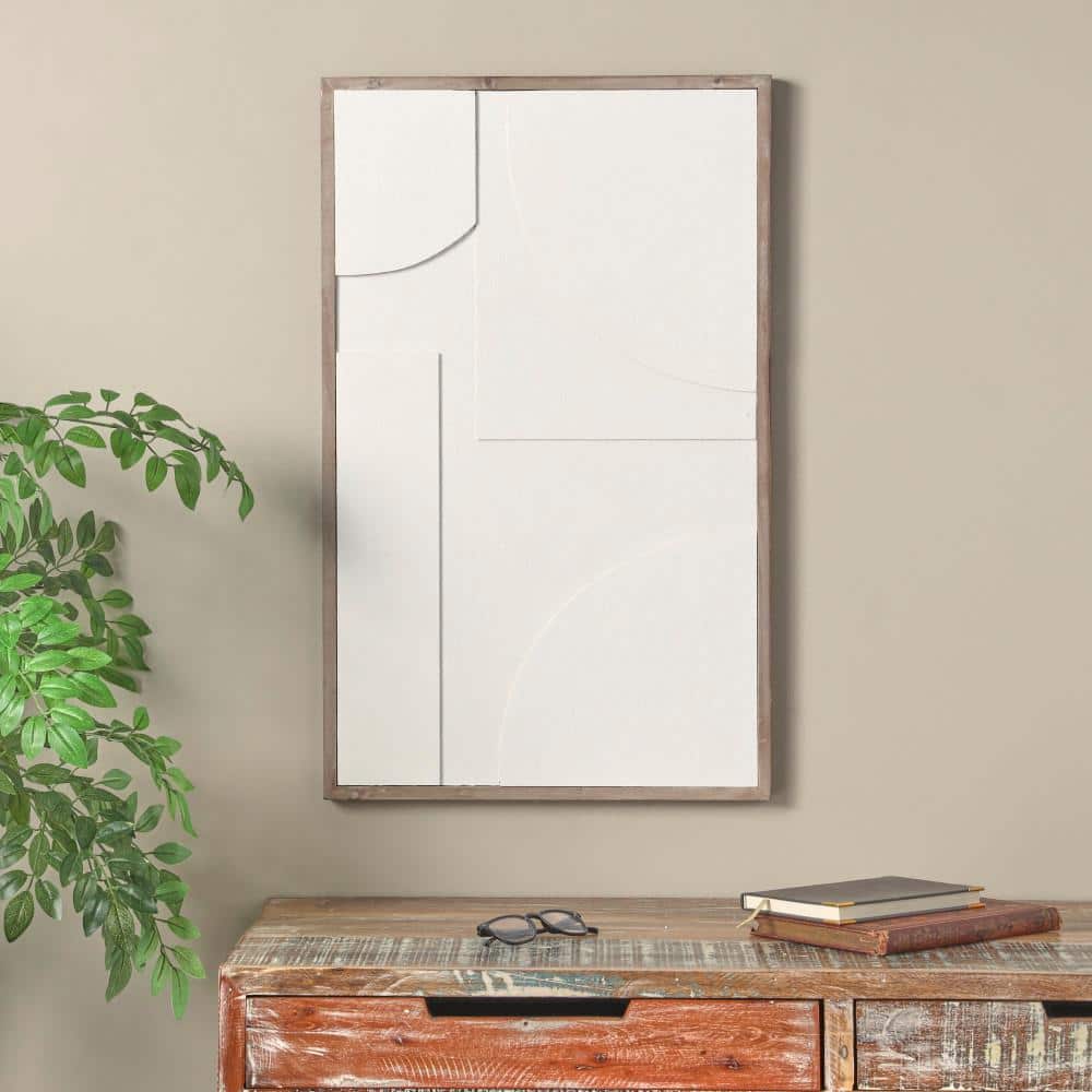 White Geometric Textured Wall Art with Brown Solid Wood Frame