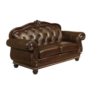 70 in. Espresso Top Grain Leather Match and Cherry Solid Color Leather Match 2-Seater Loveseat with Black Wood Legs