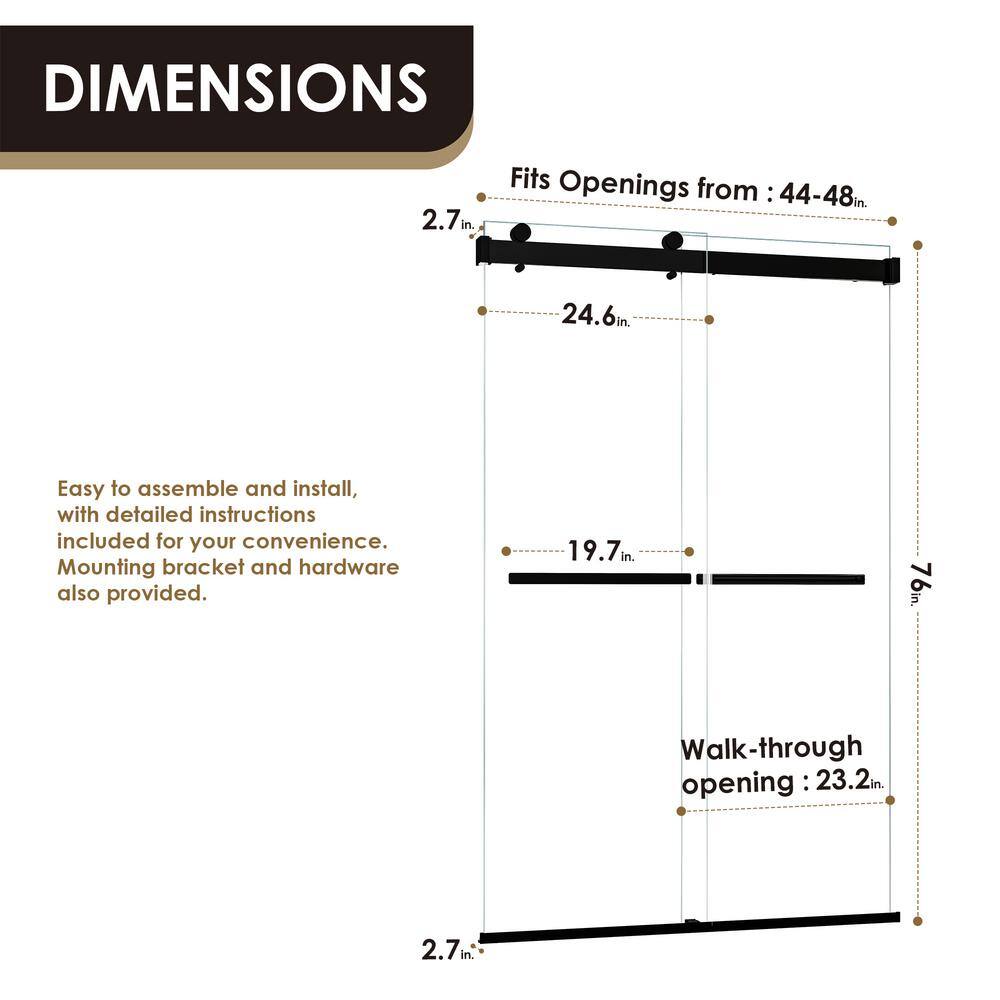 Matte Black Frameless Shower Door with Clear Glass, 48" W x 76" H