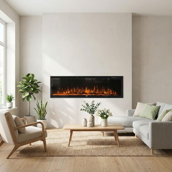 60 Inch Electric Fireplace In-Wall Recessed, Wall Mounted Fireplace Linear Fireplace Timer Remote Control Adjustable Flame Color 750w 1500w Black