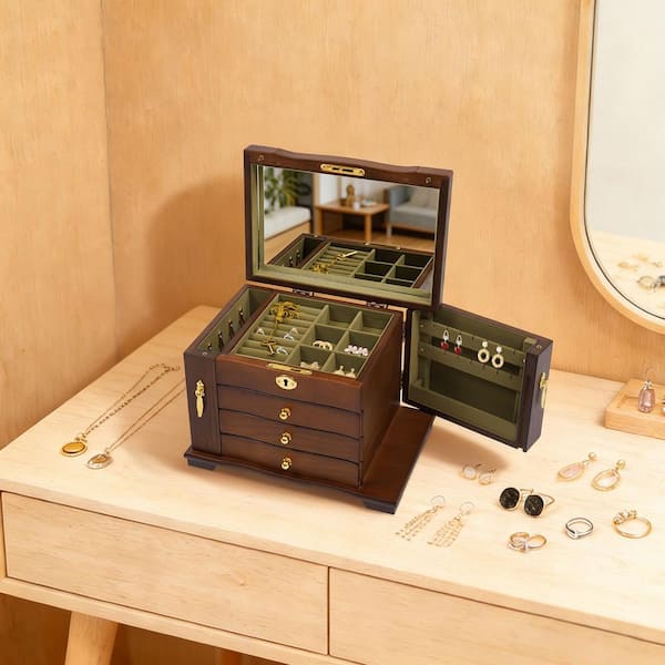 YIYIBYUS 4-Drawer Wooden Jewelry Box with Mirror and Lock OT-ZJGJ