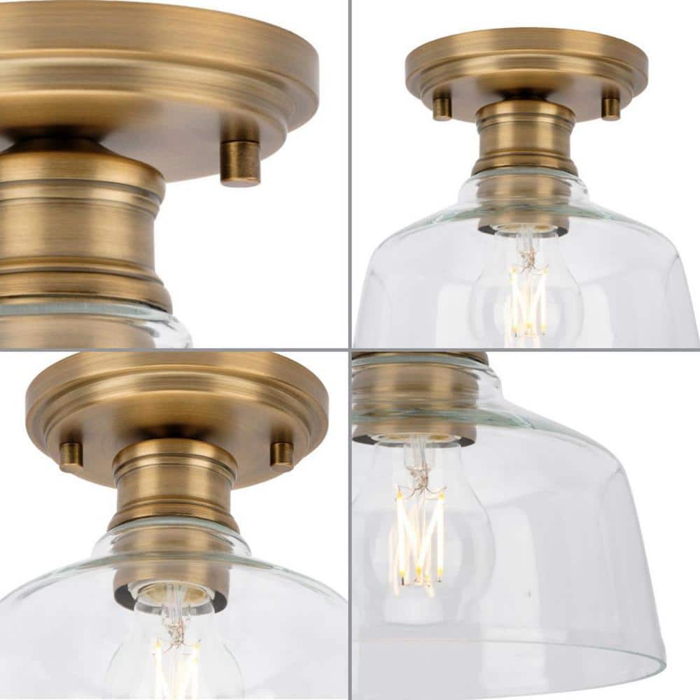Vintage Brass and Clear Glass Semi-Flush Mount Light