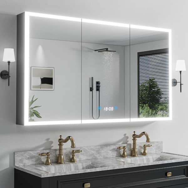 60 in. W x 36 in. H Rectangular Aluminum Medicine Cabinet with Mirror and Light, Defogger, Interior Lighting, Black