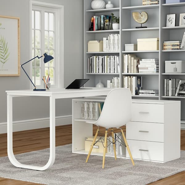 55.1 in. L-Shaped White Wood Computer Desk Writing Desk Office Executive Desk W/Removable Tabletop, Shelves, 3-Drawers