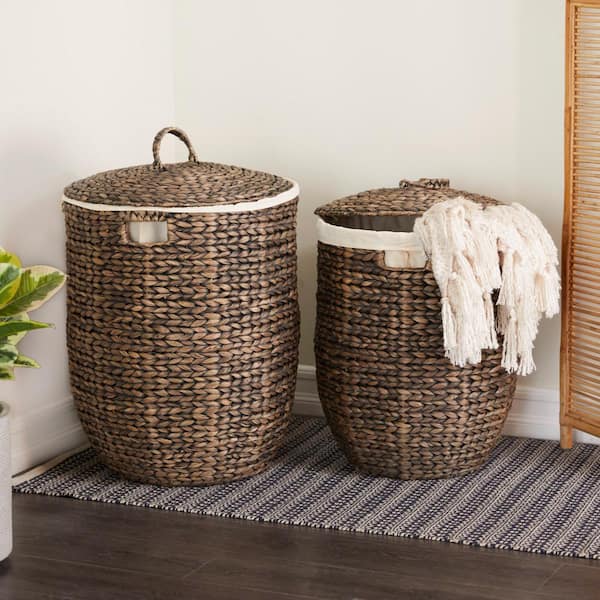 Litton Lane Seagrass Handmade Storage Basket with Liner and Matching Tops (Set of 2)