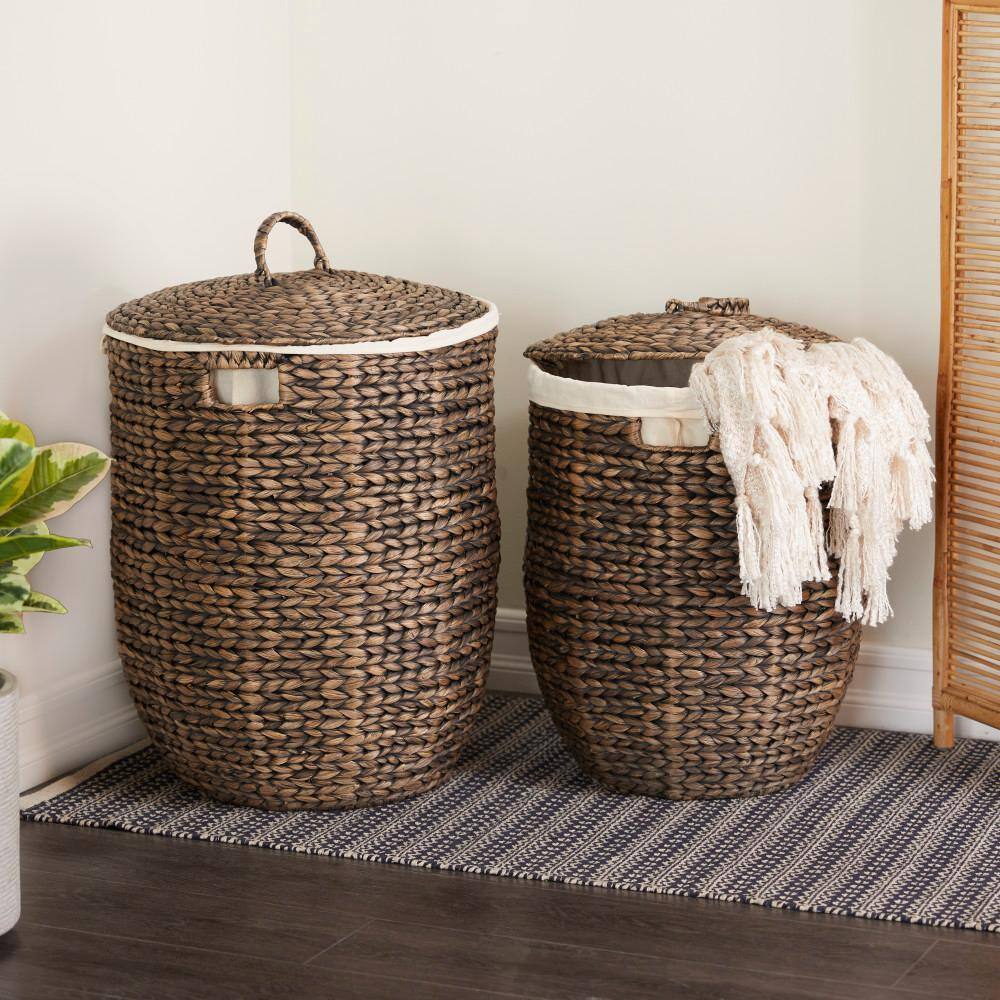 Litton Lane Seagrass Handmade Two Toned Storage Basket with Matching Lids ( Set of 2) 041279 - The Home Depot