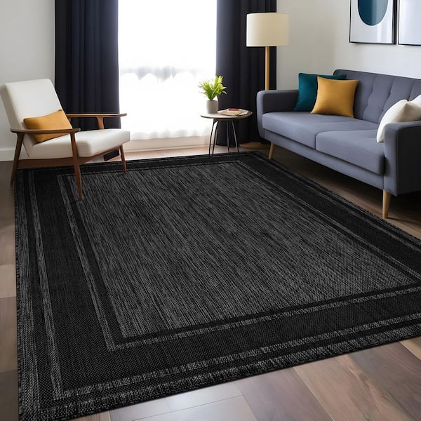 Essence Black/Gray 8 x 10 ft. Bordered Easy to Clean Indoor Outdoor Area Rug