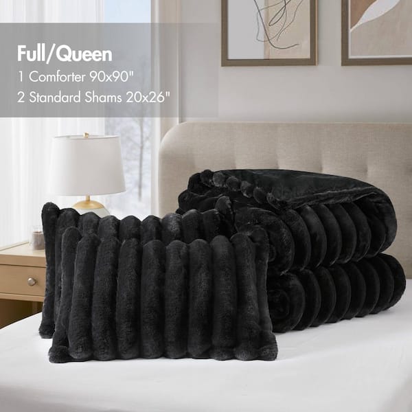 Madison Park Dahlia Polyester Black Faux Fur Full/Queen Comforter