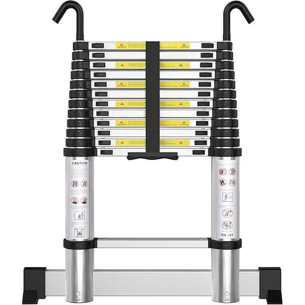12.5 ft. Aluminum Telescoping Ladder with Hooks and Stabilizer, 330 lbs. Capacity, EN131 Certified