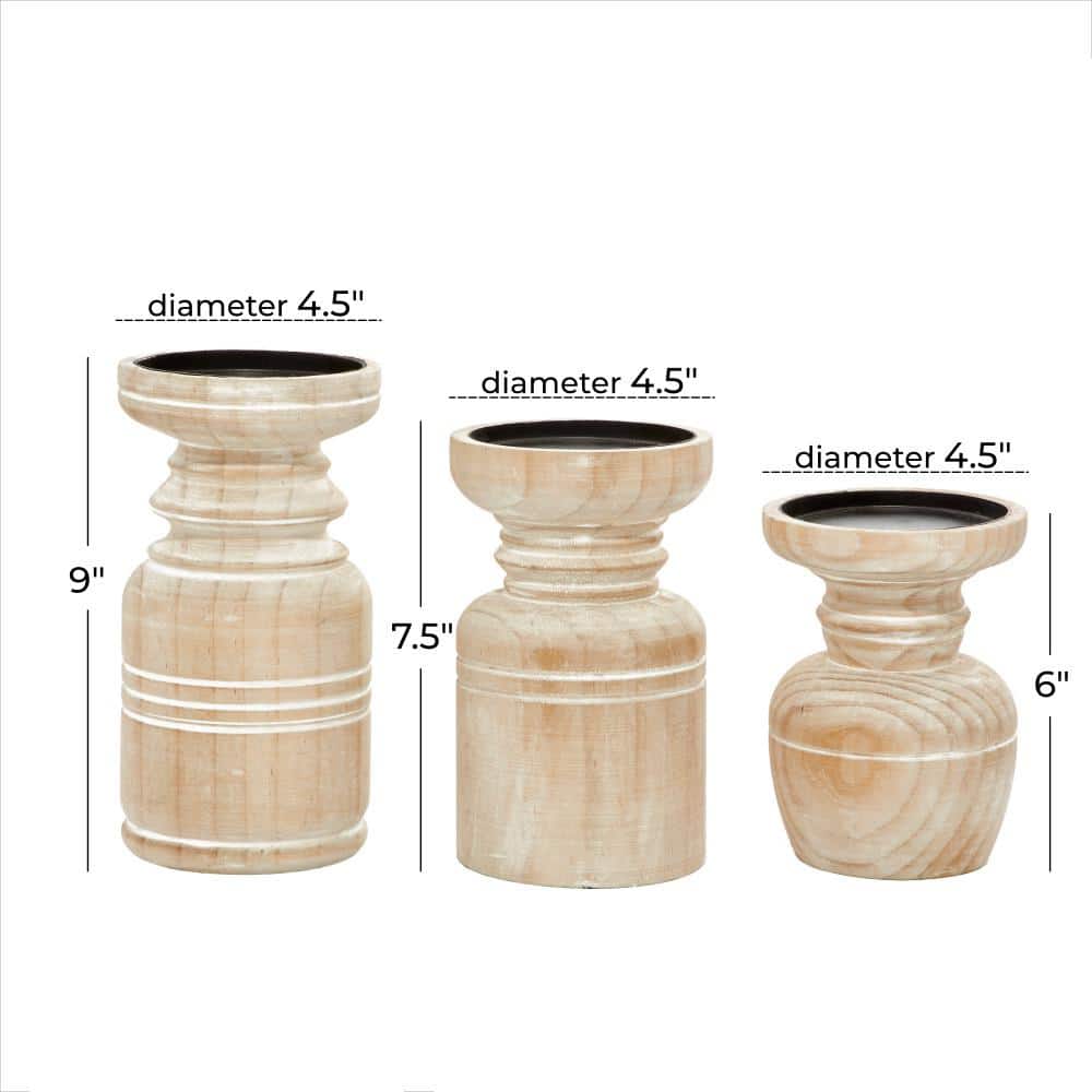 Brown Distressed Wood Geometric Candlestick Set, 8.65" Height