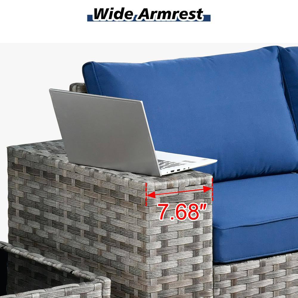 Gray 8-Piece Wicker Outdoor Sofa Set with Navy Cushions