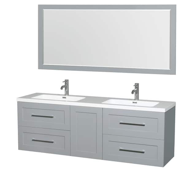 Wyndham Collection Olivia 72 in. W x 19 in. D Vanity in Dove Gray with Acrylic Vanity Top in White with White Basins and 70 in. Mirror
