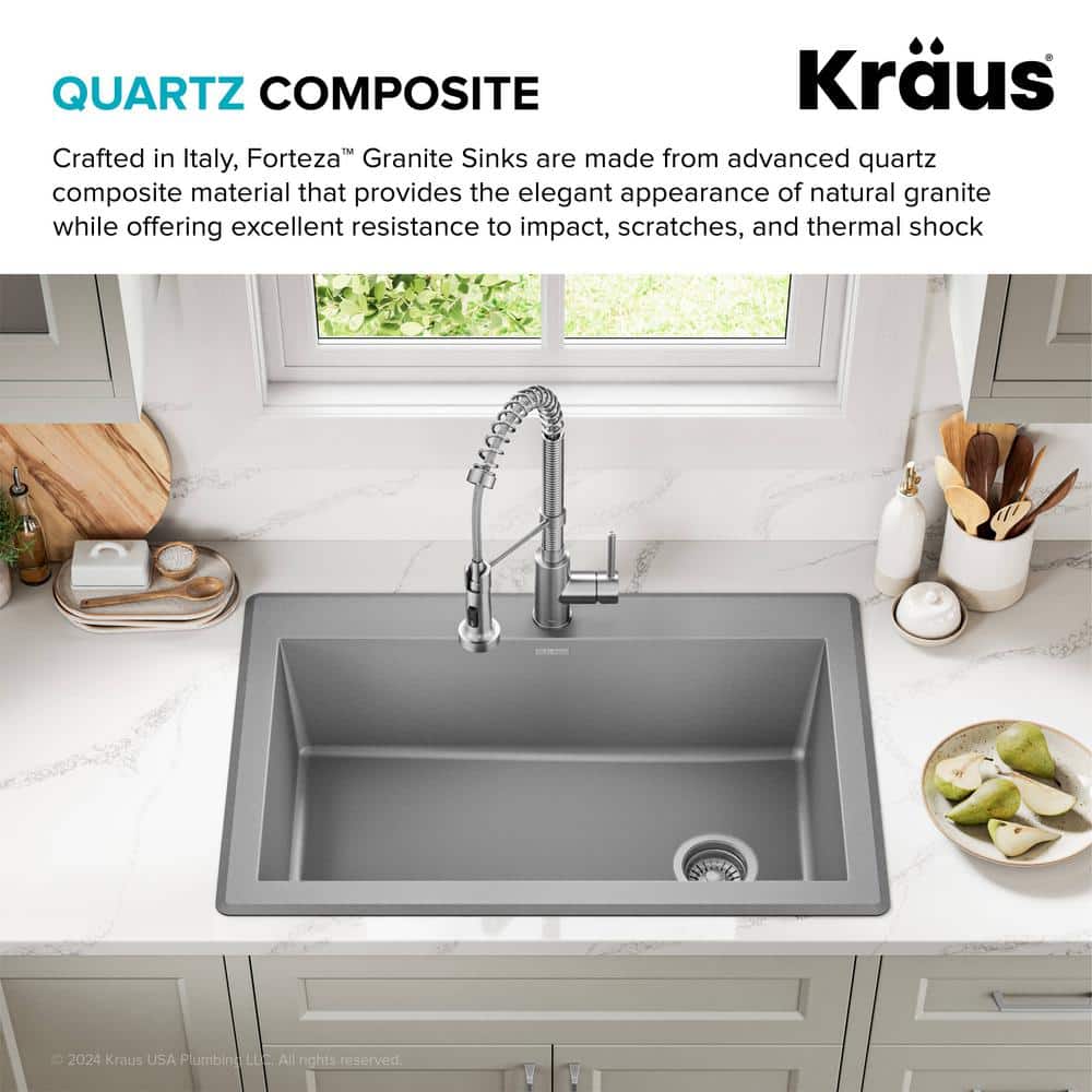 Gray 33-Inch Single Bowl Granite Drop-In Kitchen Sink